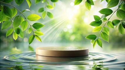 Empty round podium pedestal covered in green leaves on water backdrop with drops and ripples in Depth of Field