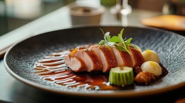 Roast duck with cucumber and sauce in plate 