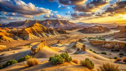 A stunning Israeli desert landscape features extraordinary rock formations alongside expansive sand dunes, creating a