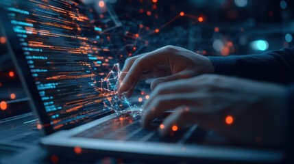 Close-up of a software engineer's hands working on a laptop with a digital overlay of global connections and binary code, showcasing the integration of advanced technology in IT support
