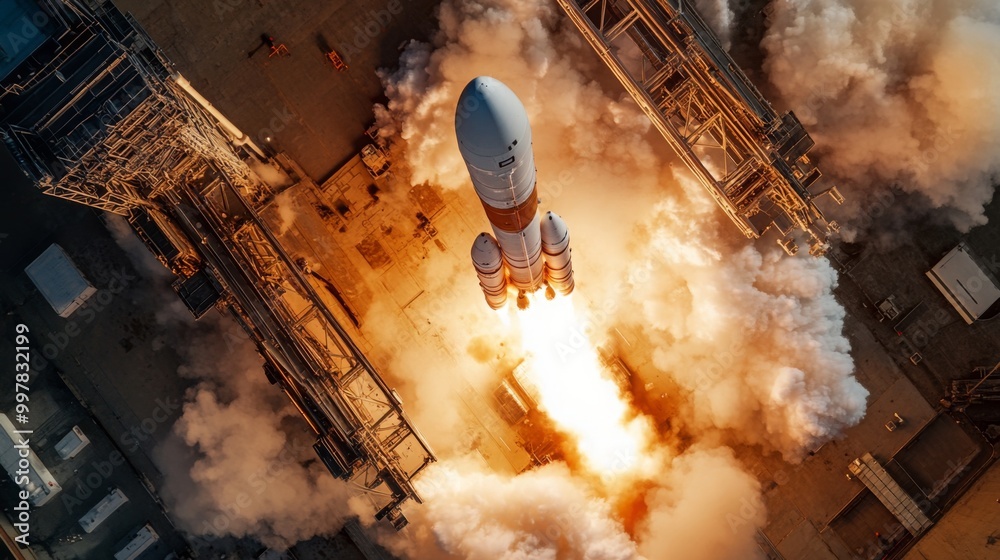 Poster A powerful rocket ascends from a launch pad, engulfed in flames and smoke as it breaks free from the earth. Engineers and spectators observe the highly anticipated moment during daylight hours.