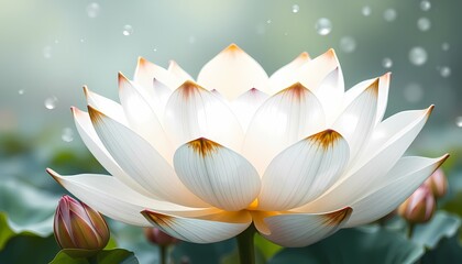 Fototapeta premium Giant White Lotus with Metallic Gold Edges in Dreamy Green and Blue Background with Dewdrops
