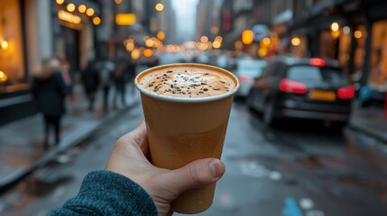 A warm cup of coffee enjoyed on a bustling city street amidst morning fog and glowing shop lights