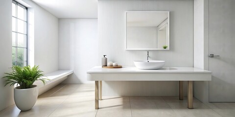 Fototapeta premium Empty white table in pristine bathroom with space, high angle view