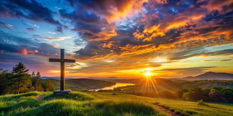 Obraz premium A tranquil landscape features a cross, embodying faith, hope, and spirituality, harmonizing with nature's beauty and