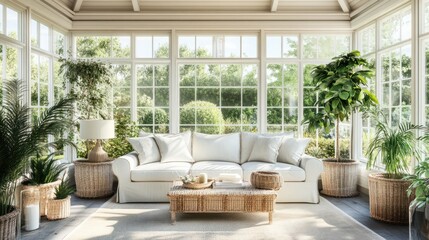 Conservatory room decor, white coastal cottage interior design, garden furniture with sofa and home decor, English country house