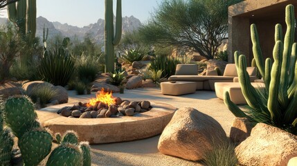 A desert garden with a rock fire pit, cacti in oversized planters, and low, angular furniture