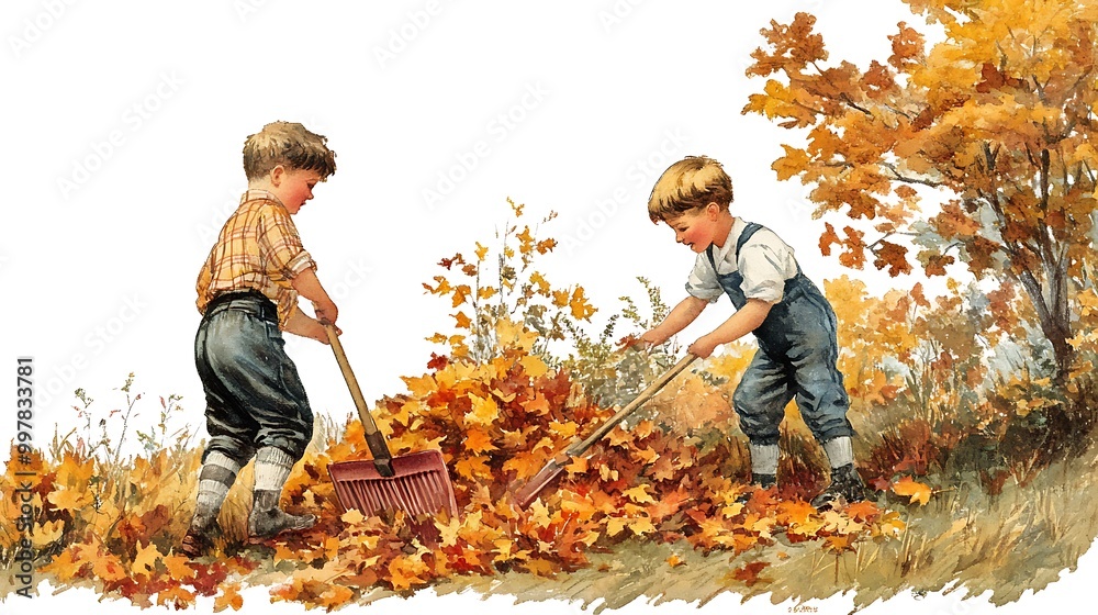 Canvas Prints Two Boys Raking Autumn Leaves in a Watercolor Illustration.