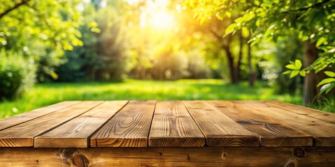 Empty wooden table in summer backyard setting