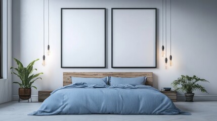 Minimalist Bedroom Interior Design with Blue Bedding and Blank Frames