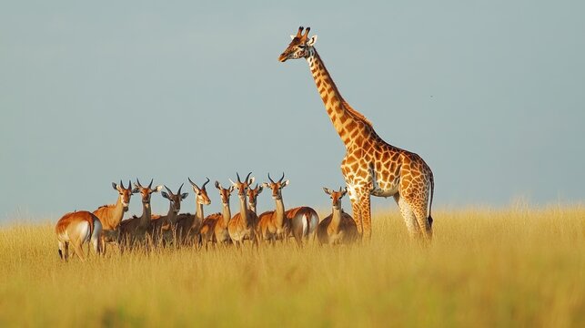 A giraffe towering over a group of antelope, highlighting the vast difference in height between species on the African plains.
