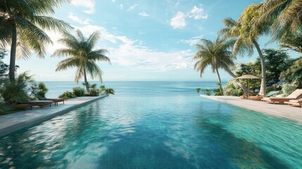 Crystal-clear pool at a luxurious resort, surrounded by palm trees and offering breathtaking ocean views, perfect for a relaxing summer getaway