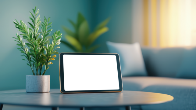 Transparent tablet screen on table with potted plant and sofa in a cozy living room