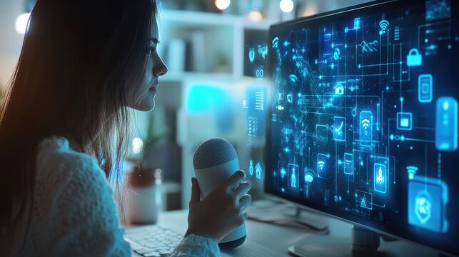 Digital and smart home concept with a woman using voice technology to control various device like a smart speaker house network connection system for remote control at an office desk background