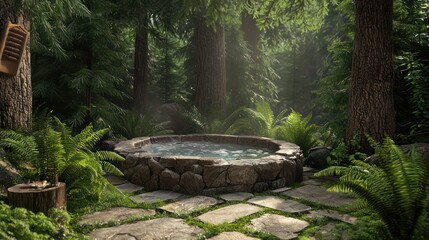 A forest retreat patio with a built-in jacuzzi surrounded by natural stones and ferns, hidden beneath towering pine trees