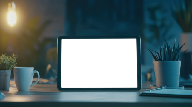 Transparent tablet screen on desk with coffee mug and warm lighting at night