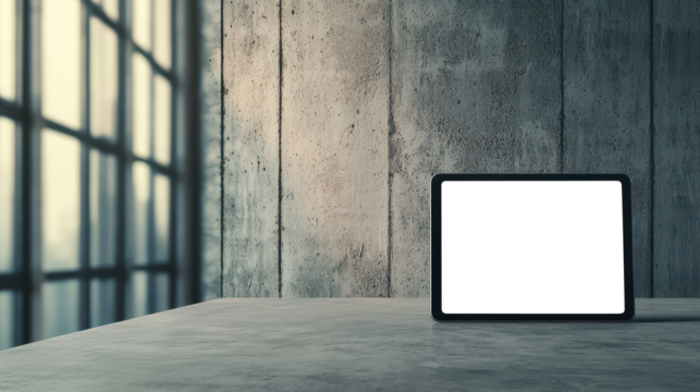 Transparent tablet screen on wooden table with concrete wall and plant in minimalist office