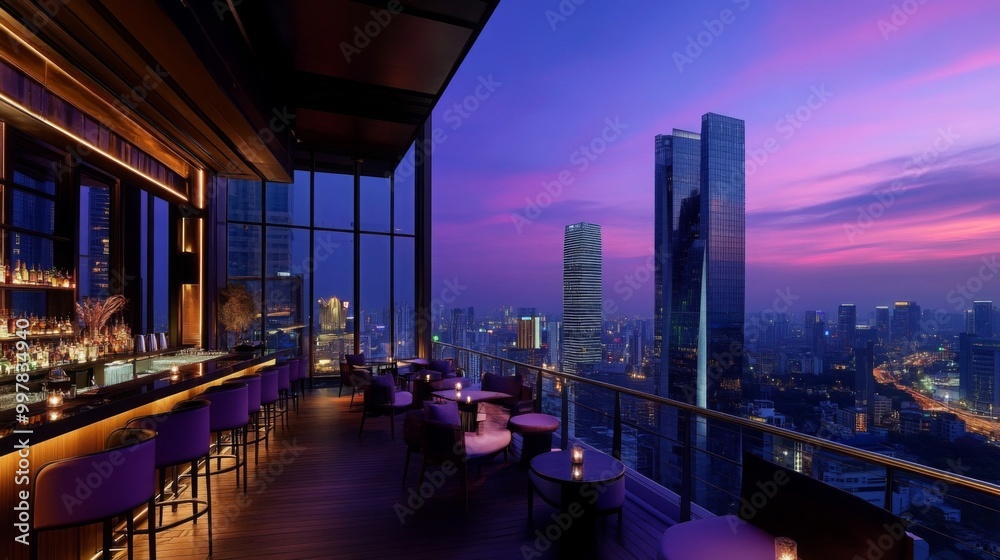 Poster guests enjoy cocktails at a stylish rooftop bar with stunning cityscape views as the sky transitions