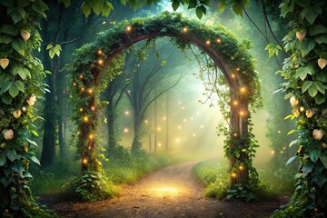 Naklejka premium Enchanted forest archway with illuminated foliage and magical well at eye level