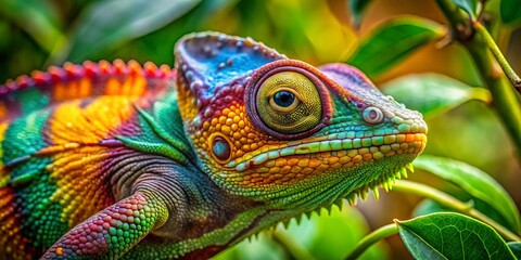 Obraz premium A vibrant chameleon perfectly blends into lush green leaves, showcasing its remarkable camouflage in the wild,
