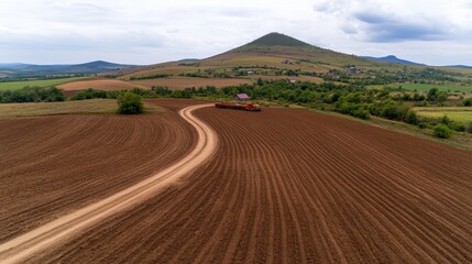 a panoramic view of a Belarusian farm during potato harvest season with workers loading potatoes onto trucks agricultural machinery rural landscape traditional farming methods golden fields and distan