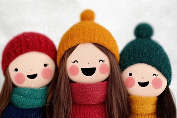 Cheerful winter dolls in colorful knitted hats