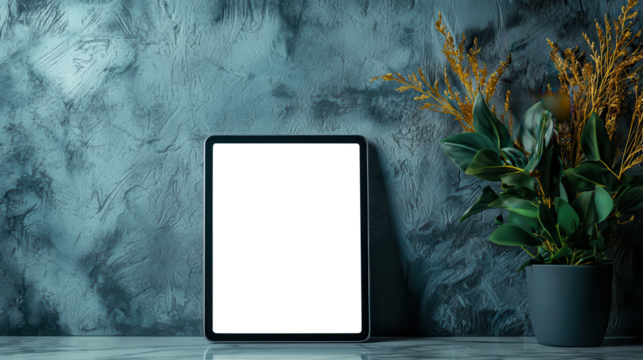 Transparent tablet screen on table with potted plant and textured wall in modern workspace - Powered by Adobe