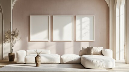 Minimalist Living Room with White Sofa and Empty Frames