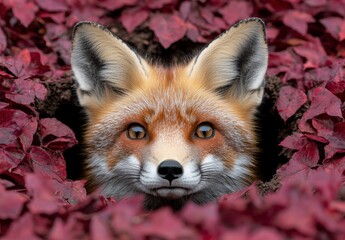 Obraz premium curious fox peering through autumn leaves