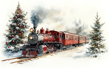 A toy train circling a Christmas tree with festive ornaments