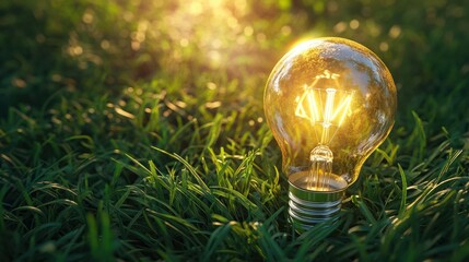 ecological fuel, energy concept Grassy Ground Illumination: A bright light bulb rests on lush green grass, radiating ideas and innovation