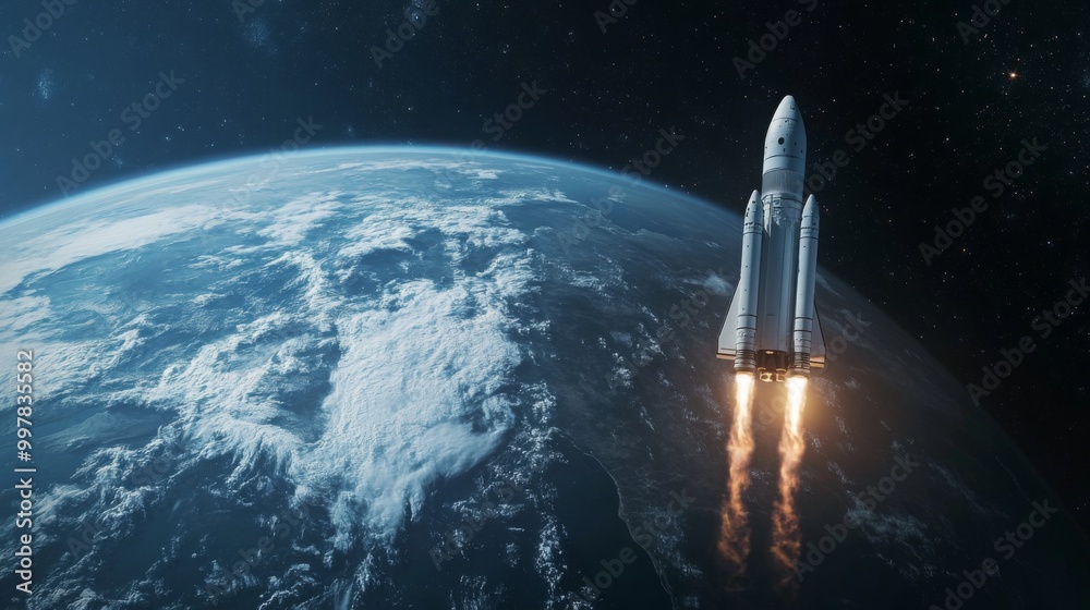 Poster a powerful rocket ascends from earth's surface, surrounded by a vast expanse of space. bright flames