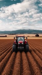 Obraz premium a tractor plowing through a potato field in Belarus leaving neat rows of soil agricultural machinery farming equipment rural life with a barn and a farmhouse in the distance