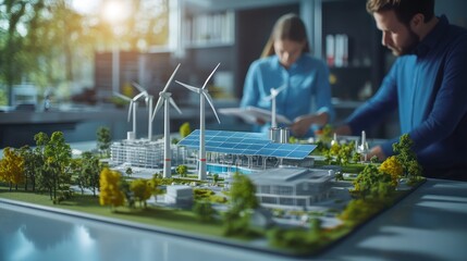 Engineers designing models of turbines, solar panels, clean energy network in the office room