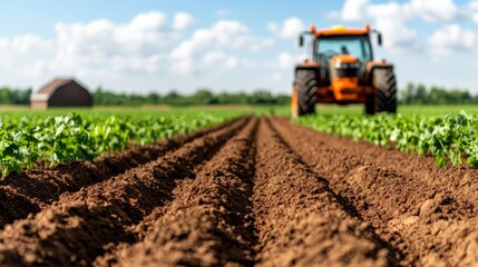 a tractor plowing through a potato field in Belarus leaving neat rows of soil agricultural machinery farming equipment rural life with a barn and a farmhouse in the distance