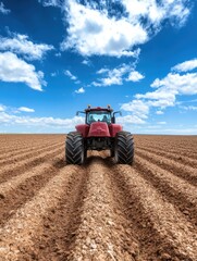 Fototapeta premium Red tractor plowing agricultural field under blue sky