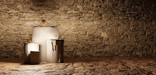 Candle in dark room, candle light, 3d illustration