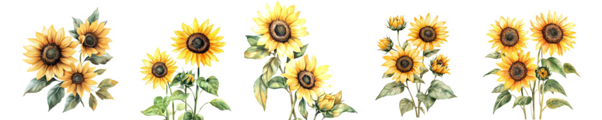 Naklejka premium Set of watercolor sunflowers bouquet isolated on white background