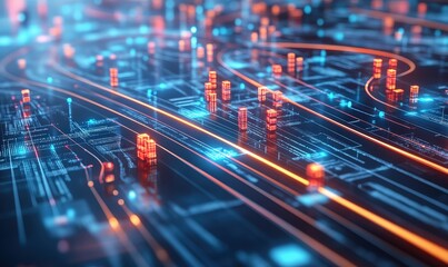 Digital Network with Data Flow and Server Towers.