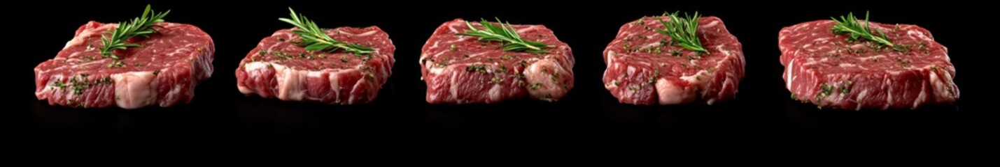 Four pieces raw beef steaks arranged row black Slices of steak