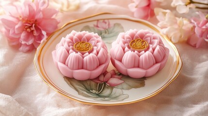 Two Pink Lotus-Shaped Cakes on a Decorative Plate
