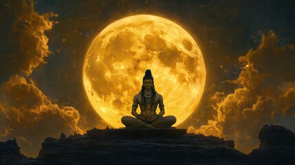 Lord Shiva Meditating Under a Full Yellow Moon Illustration