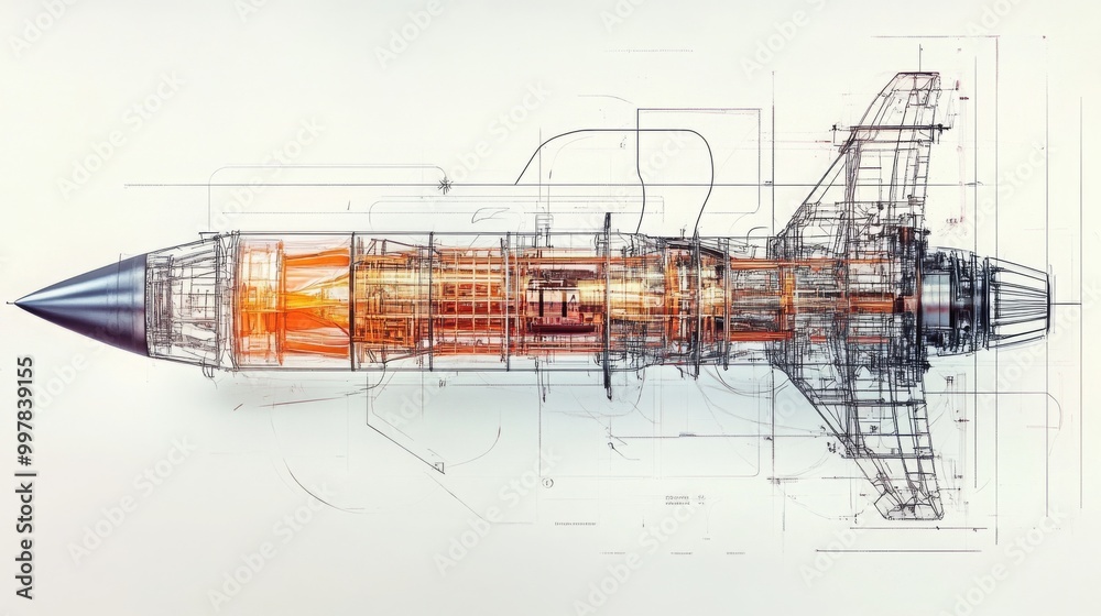 Poster This technical drawing showcases a detailed blueprint of a rocket, revealing its complex structure and engine components. The design emphasizes precision engineering and innovation.