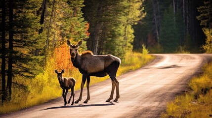 Moose and Calf on a Winding Forest Road