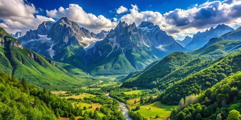 Breathtaking Albanian Alps showcase towering peaks and verdant valleys, all under a pristine blue sky, creating an