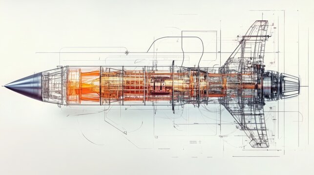 This technical drawing showcases a detailed blueprint of a rocket, revealing its complex structure and engine components. The design emphasizes precision engineering and innovation.