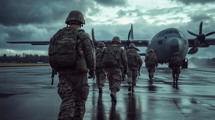 Naklejka premium Group soldiers walking towards airplane runway sky is Boarding Military Aircraft