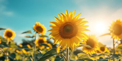 Obraz premium Vibrant Sunflowers Stretching Under Bright Sky