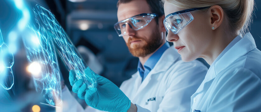 A team of scientists collaborates in a modern laboratory, discussing genetic information displayed on holographic screens for advanced research insights.