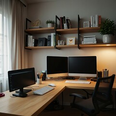 a desk with a computer and a keyboard and a cup of pencils.